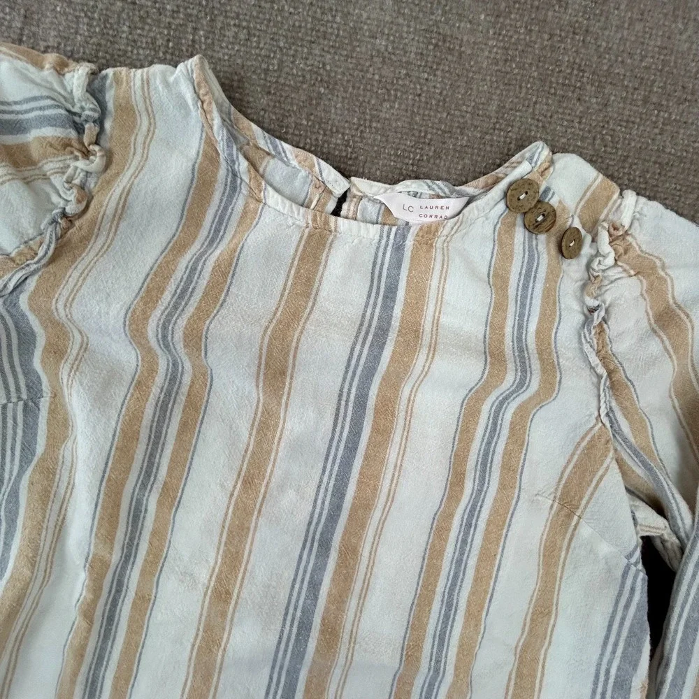 LC Lauren Conrad Top Womens XS White Striped Puff Sleeve Round Hem‎ Keyhole